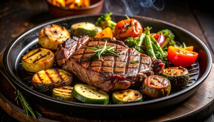Cheesy beef steak and grilled vegetables on hot plate
