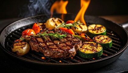 Cheesy beef steak and grilled vegetables on hot plate
