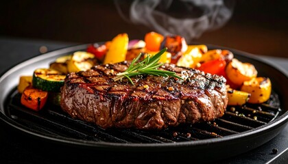 Cheesy beef steak and grilled vegetables on hot plate
