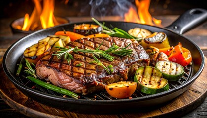 Cheesy beef steak and grilled vegetables on hot plate
