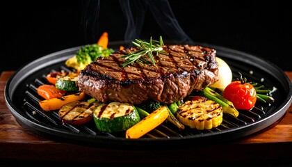 Cheesy beef steak and grilled vegetables on hot plate
