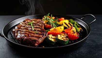 Cheesy beef steak and grilled vegetables on hot plate
