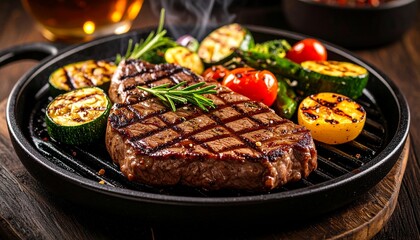 Cheesy beef steak and grilled vegetables on hot plate
