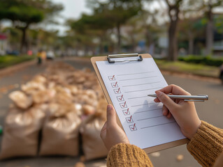 People clean up the street with checklist and waste bags during community event