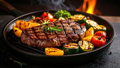 Cheesy beef steak and grilled vegetables on hot plate
