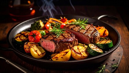 Cheesy beef steak and grilled vegetables on hot plate
