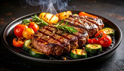 Cheesy beef steak and grilled vegetables on hot plate
