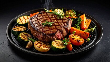 Cheesy beef steak and grilled vegetables on hot plate
