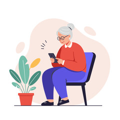 Elderly woman learning smartphone while sitting in chair with plant  