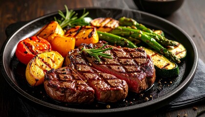 Cheesy beef steak and grilled vegetables on hot plate
