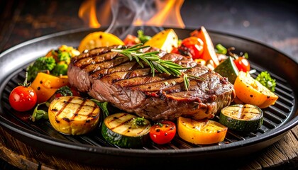 Cheesy beef steak and grilled vegetables on hot plate

