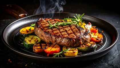Cheesy beef steak and grilled vegetables on hot plate
