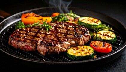 Cheesy beef steak and grilled vegetables on hot plate
