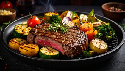 Cheesy beef steak and grilled vegetables on hot plate
