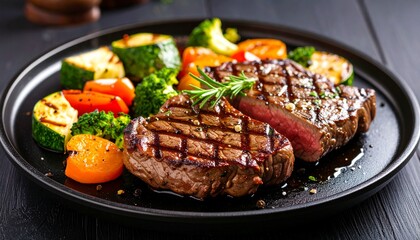 Cheesy beef steak and grilled vegetables on hot plate
