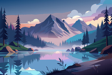 Scenic winter mountain landscape with a reflective lake under a snowy sky