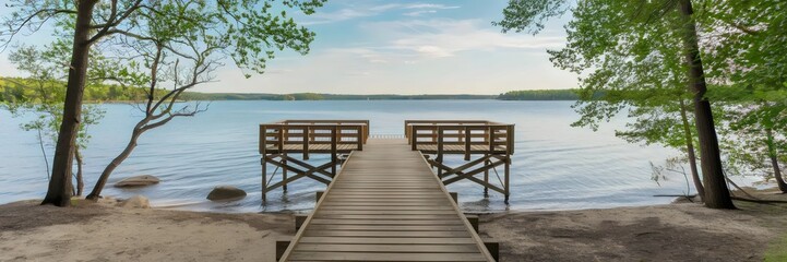 Wooden pier on peaceful summer lake with sandy shore – Ideal for vacation promotions, outdoor lifestyle branding, or relaxation themes