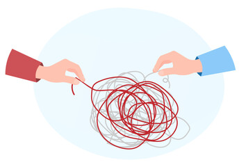 Hands disentangling strings or yarn, solving the problems, finding ideas concept, flat vector illustration