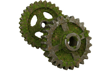 Isolated Rusty Gears Covered in Moss Old Machinery