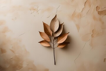 Dried autumn leaves scattered on a beige textured background, soft natural lighting, minimal composition, warm earthy tones, paper or linen texture, rustic and organic aesthetic, moody flat lay style.