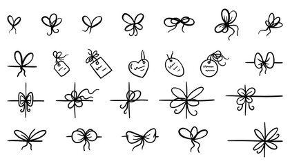 Gift ribbon bow and label tag set in one line style. Hand-drawn outline cards hanging on rope. Vintage knots with loops, price or present icons. Simple vector illustration.
