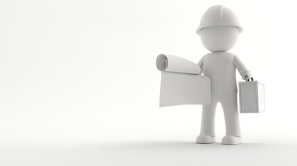 A construction worker holds blueprints and a briefcase.