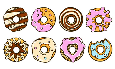 Big set of colorful donuts in glaze and chocolate. Tasty cartoon pastries with toppings. Flat vector illustration for cafe menu, bakery promo, food design, or dessert decoration.