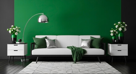 Freshly painted forest green and black modern interior living room, contemporary design concept, painting company ad