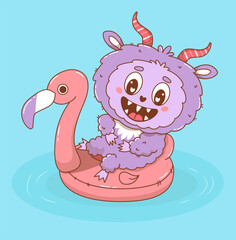Cute Summer Monster floats on Inflatable pink flamingo. Beach Funny kawaii character vacation. Vector illustration. Kids collection