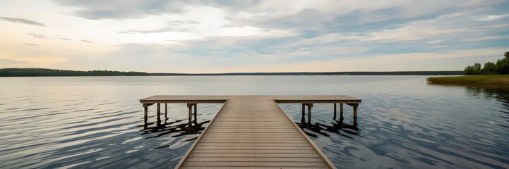 Obraz premium Wooden pier on overcast summer lake with tree-lined shore – Suitable for mindfulness content, nature documentaries, or seasonal greeting cards