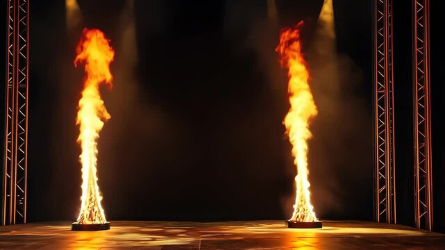 A stage with four sets of fire on it. The fire is lit and the stage is dark