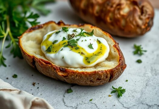 Rustic baked potato halved, topped with creamy herb quark & vibrant green ramson oil,  dinner,  vibrant