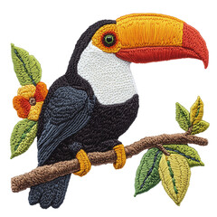Naklejka premium Embroidery toucan on a branch isolated white.