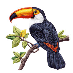 Naklejka premium Embroidery toucan on a branch isolated white.