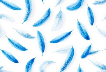 Fototapeta premium Seamless pattern of delicate blue and white feathers on a white background, clipart, fluffy