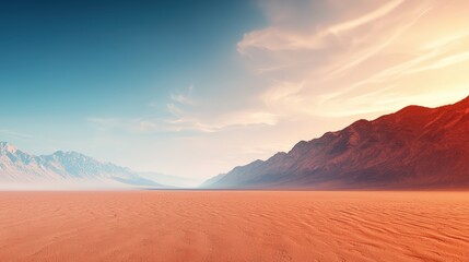 Naklejka premium Vast desert landscape with reddish sand and distant mountain ranges under a clear blue sky with soft clouds and warm sunlight.
