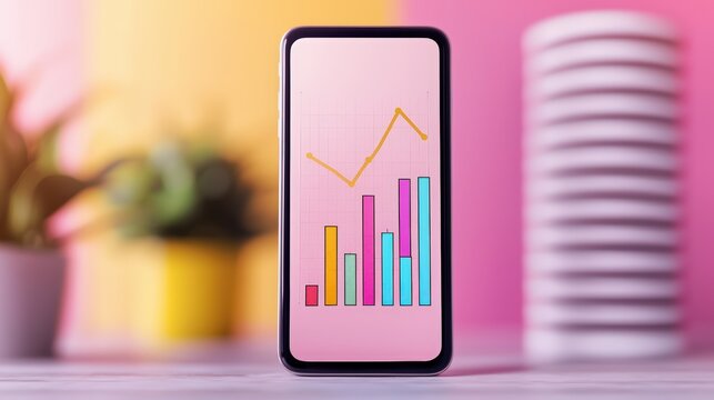 A smartphone displays a colorful bar and line graph against a pink background, with blurred plants and stacked cups in the background. - Powered by Adobe