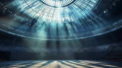 A stadium with a blue sky and a bright sun shining through the roof. The stadium is empty and the seats are empty - Powered by Adobe