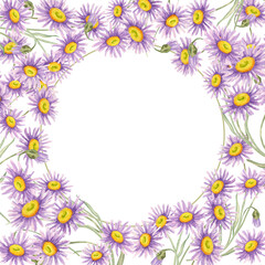 Purple aster flowers with green stems form a full round frame in this watercolor clipart. Wildflower illustration Ideal for invitations, labels, wedding cards, branding templates, or art prints
