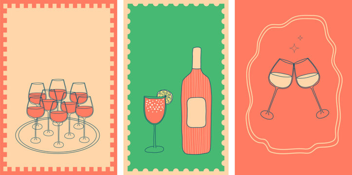 Hand drawn wine posters set. Cocktail, alcohol beverage. Wine tasting concept. Collection of wine vector design elements for restaurant menu, invitation for an event, festival, party.