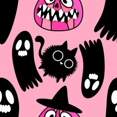 Halloween animals seamless cats pattern for wrapping paper