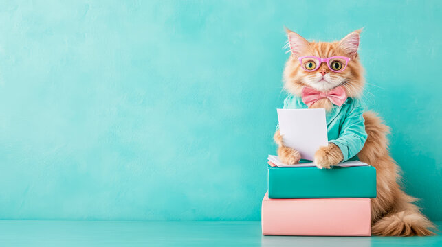 Concept: Feline Professional. A ginger cat dressed in a suit and glasses holding paperwork, sitting on books, design for print, poster