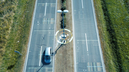 Street camera monitoring traffic and vehicles with a 3D graphic overlay representing car surveillance and AI powered security