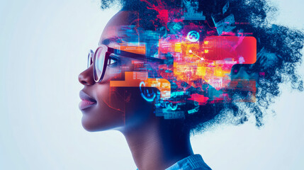 Concept: Woman's mind and AI interface, data processing, digital transformation, futuristic technology, abstract artwork, bright color overlay