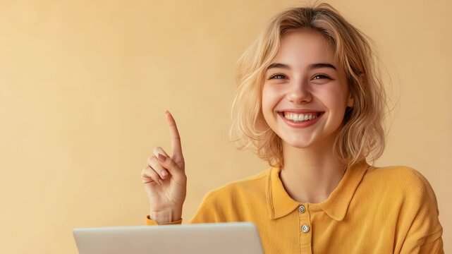 Young woman wearing a yellow top, smiling at the camera while using her laptop. She appears happy and engaged with whatever she is doing on her computer.