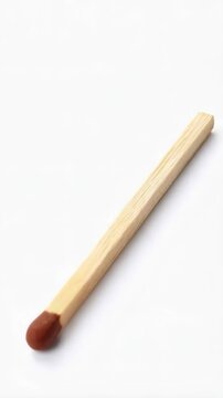 Single matchstick lying on a plain white surface, with visible wood grain and brown ignitable head ready to create fire