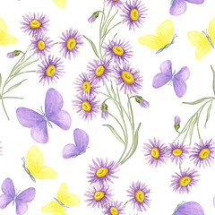 Yellow and lavender butterflies fly around soft aster stems in this watercolor seamless pattern. Wildflowers and insects clipart Designed for surface design, craft paper, or planner decoration
