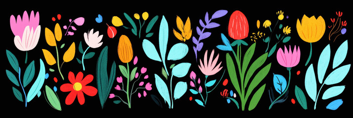 Colorful floral illustration with various flowers and leaves on a black background for design