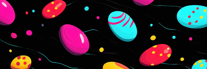 Colorful Easter eggs in vibrant hues scattered against a dark background for festive celebration
