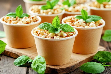 Popcorn cups with fresh basil leaves arranged on a wooden board for a delightful snack presentation